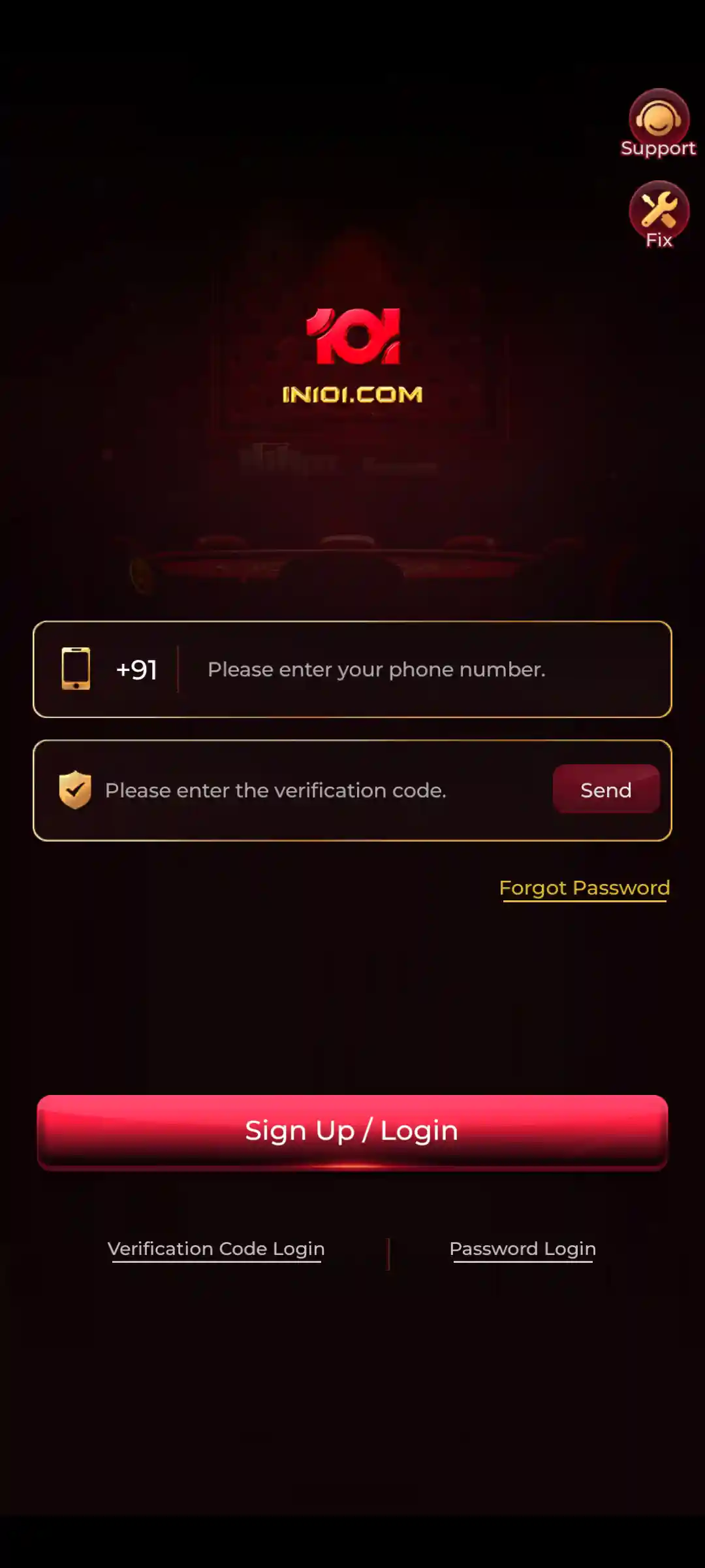 IN101 Game mobile Login and account interface